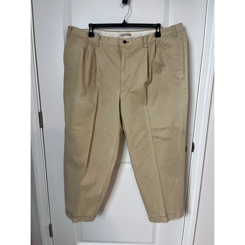 Orvis Mens Khaki Pleated Chino Pants Cotton Twill Cuffed Trousers Size 46